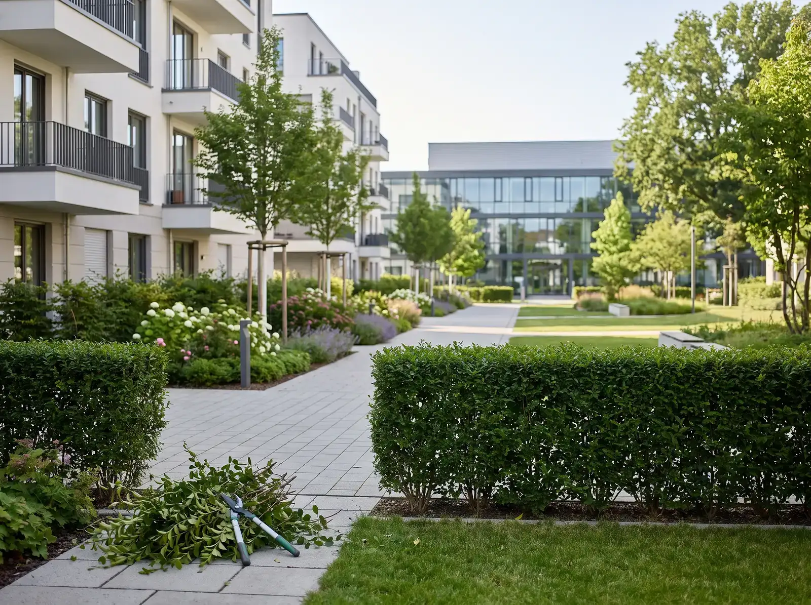Välskött bostadsgård med klippta häckar, blomrabatter och trädgårdssax.