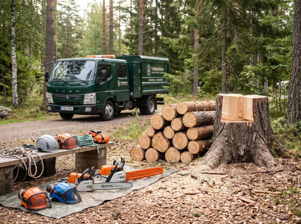 Skogsarbetsutrustning med STIHL-motorsåg, hjälmar och stockar vid avverkningsplats.