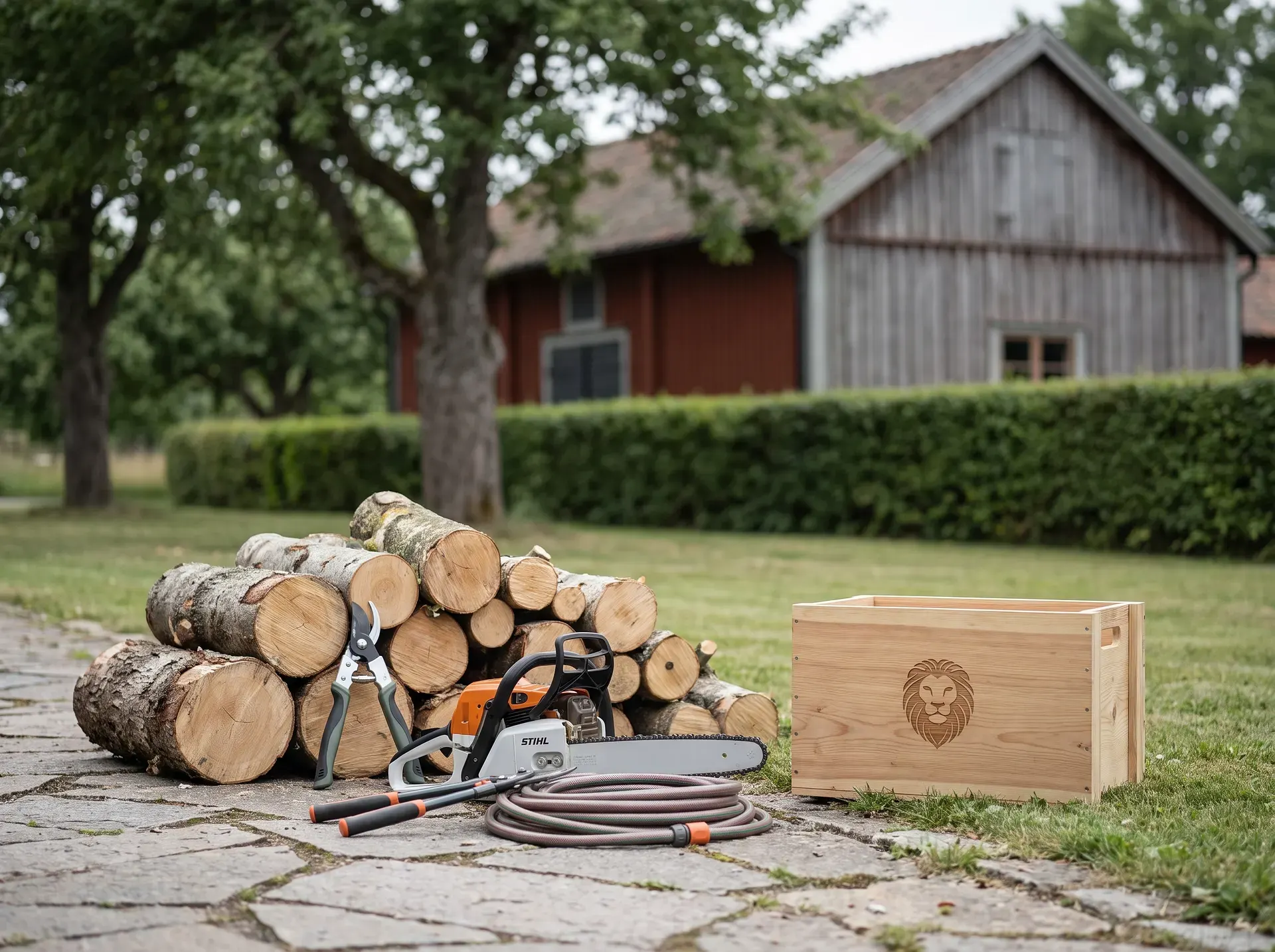 Stihl motorsåg, trädgårdsverktyg och vedtravar framför ladugård.