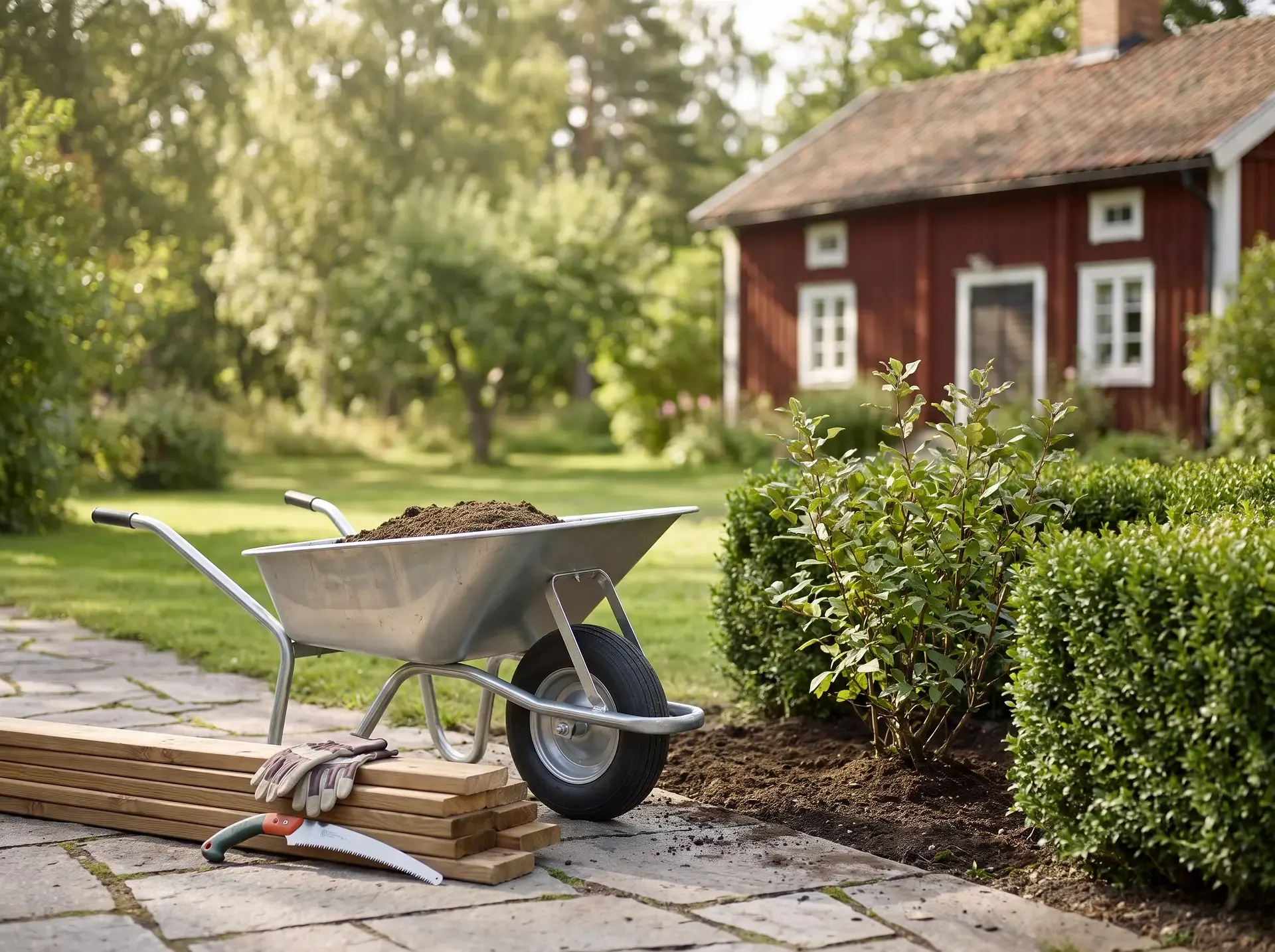 Skottkärra med jord, trädgårdsverktyg och träplankor framför rött hus.