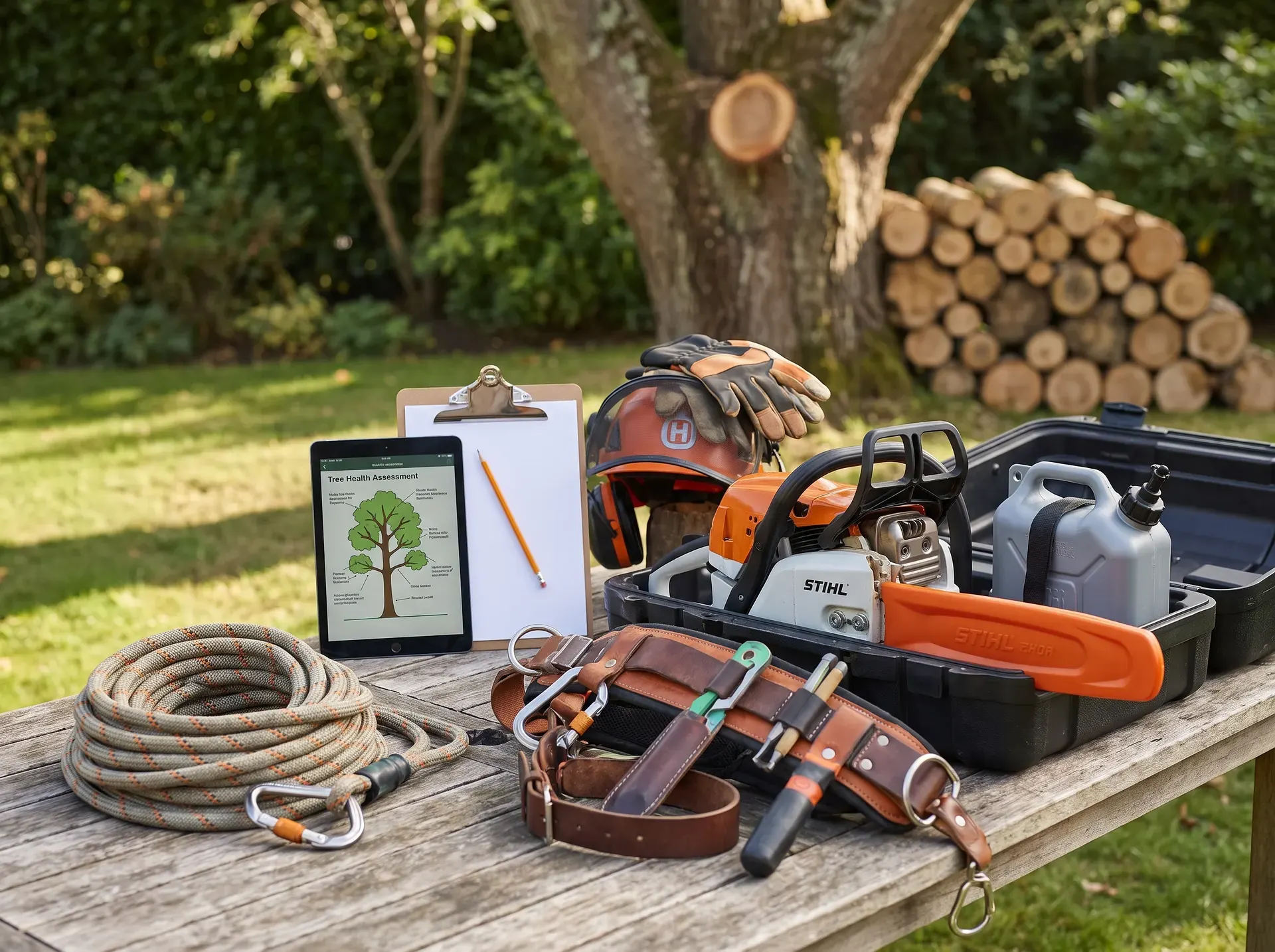 Arboristverktyg på bord: motorsåg, hjälm, rep och surfplatta.