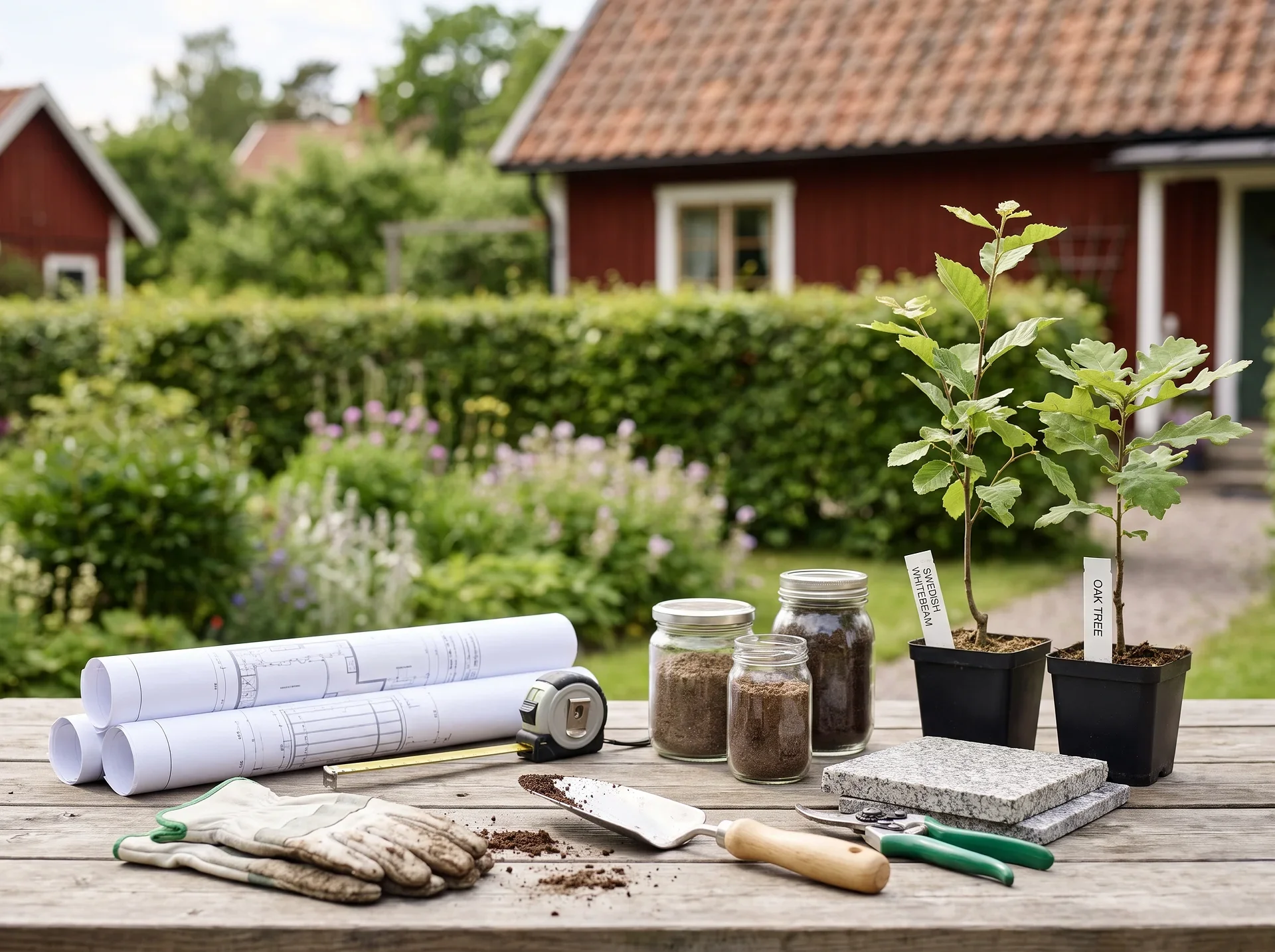 Trädgårdsplaneringsverktyg med plantor, ritningar och jordprover på ett bord.