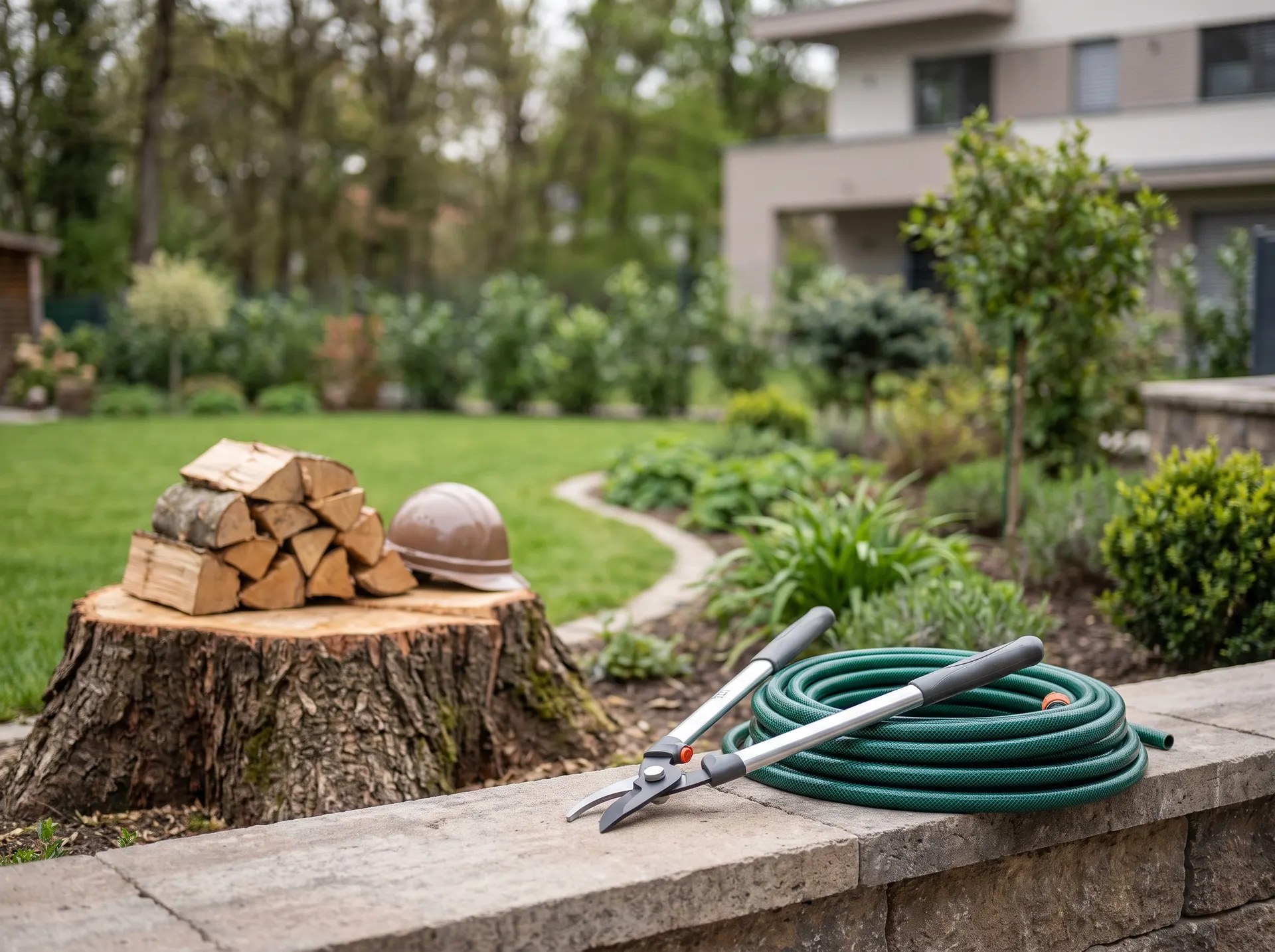 Trädgårdsverktyg och trädstump i välskött trädgård med husbyggnad i bakgrunden.